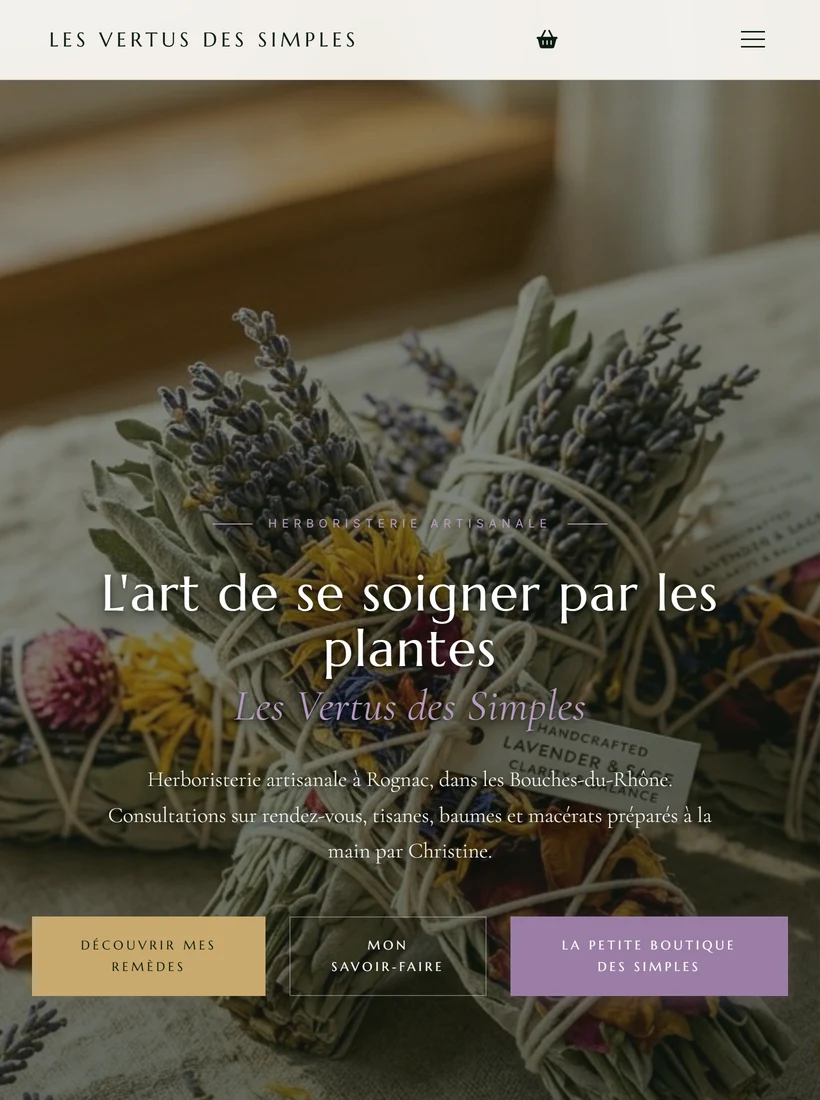Page d'accueil du site Les Vertus des Simples, herboristerie à Rognac